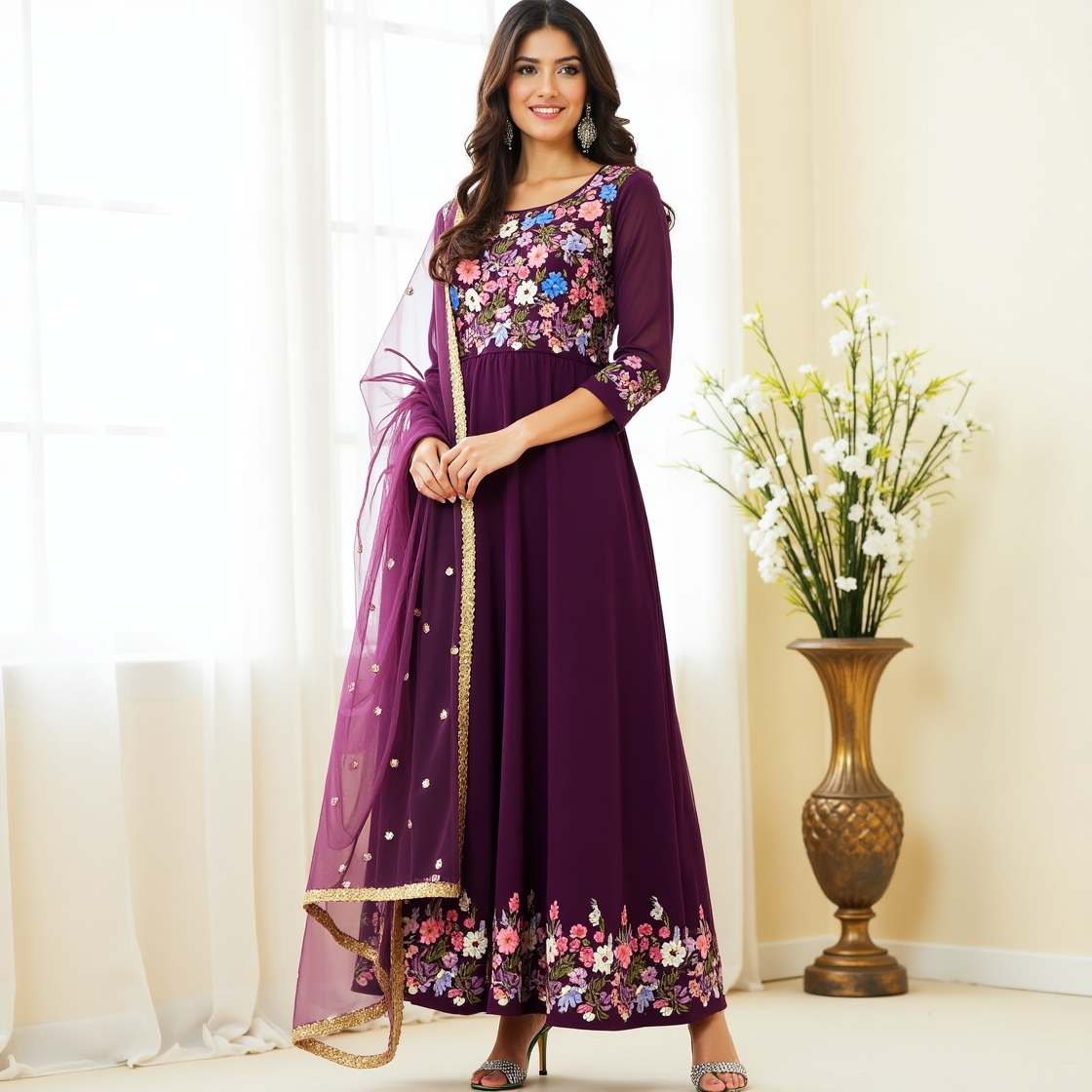 Deep Purple Floral Embroidered Anarkali Suit with Net Dupatta