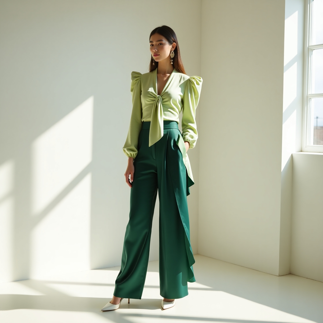 Elegant Sage Green Bow-Tie Blouse with Emerald Green Wide-Leg Trousers