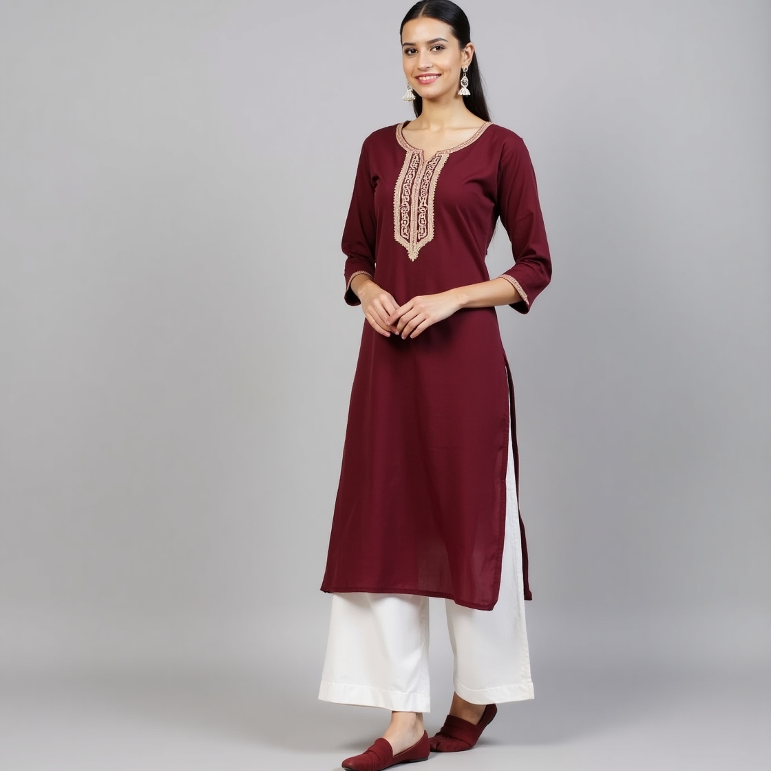 Maroon Straight Kurta with Embroidered Neckline