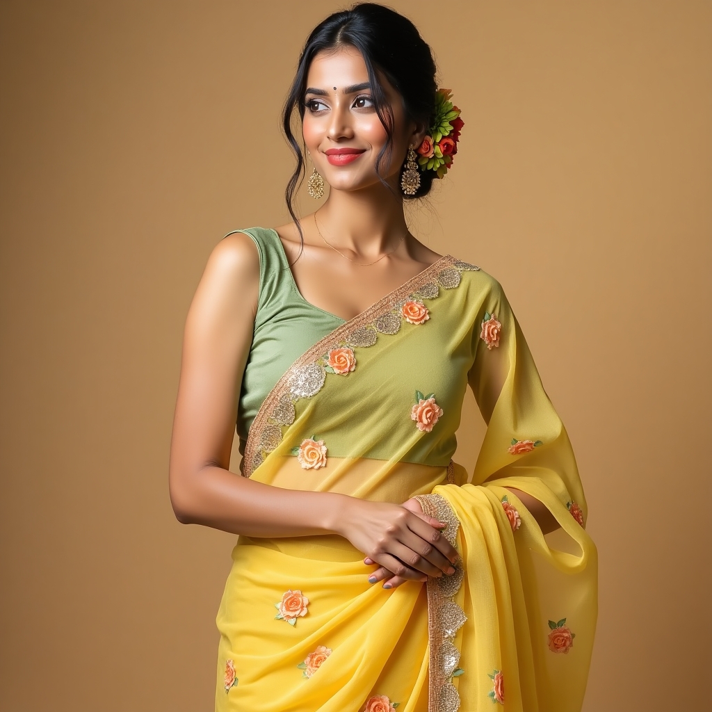 Floral Elegance Georgette Saree in Yellow and Olive Green