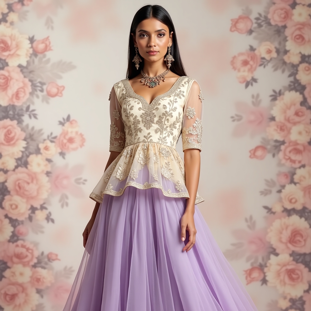 Ivory Embroidered Peplum Top with Lilac Flowy Gharara