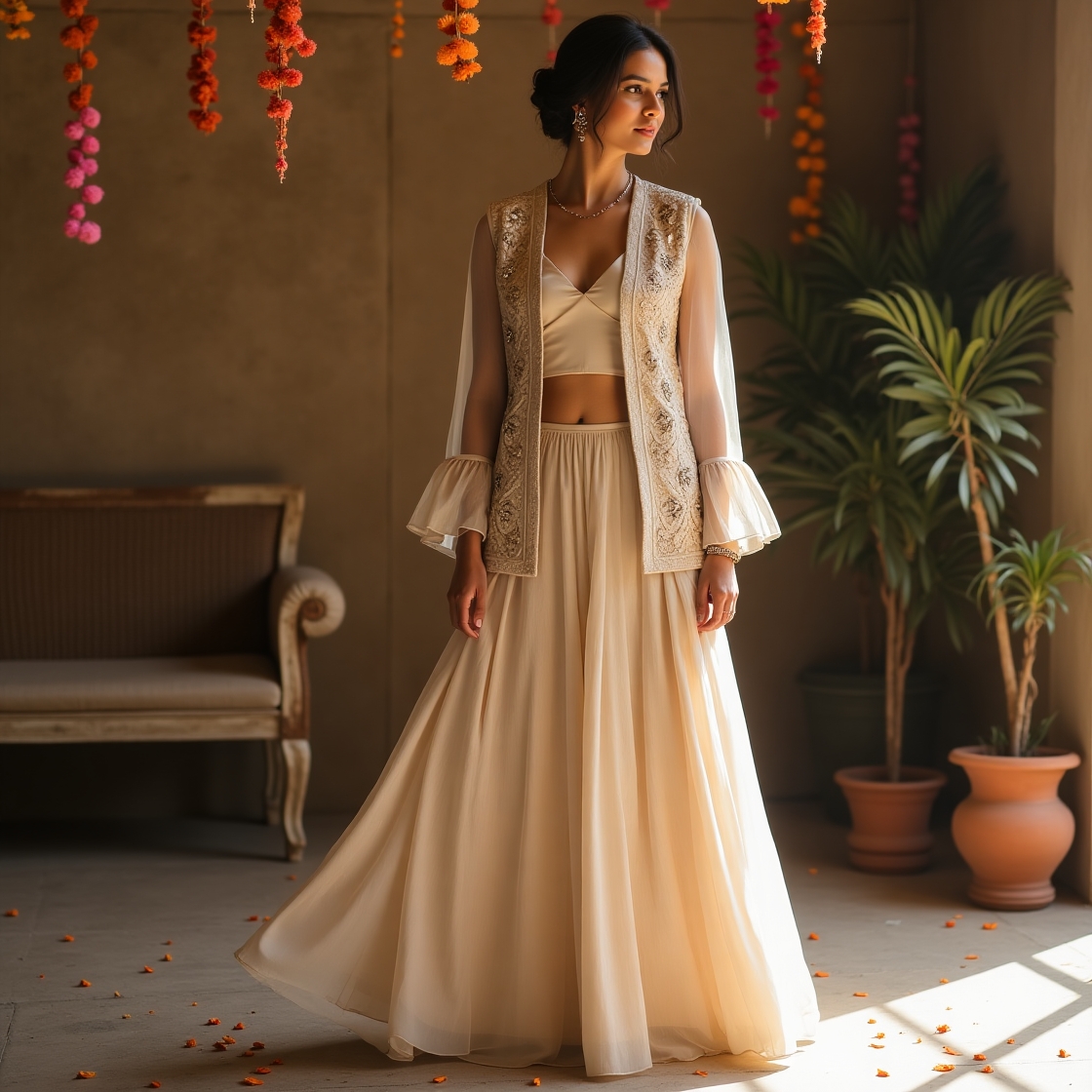 Ivory Beige Ethnic Co-ord Set with Embroidered Sheer Jacket