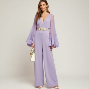 Lavender Wide-Leg Jumpsuit with Sheer Bell Sleeves