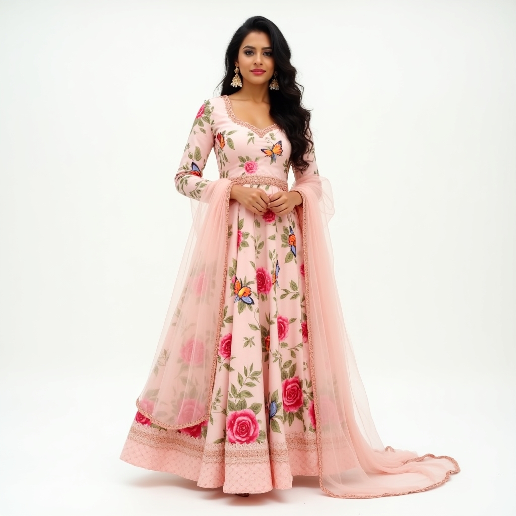 Embroidery Pastel Pink Floral Embroidered Anarkali Gown.