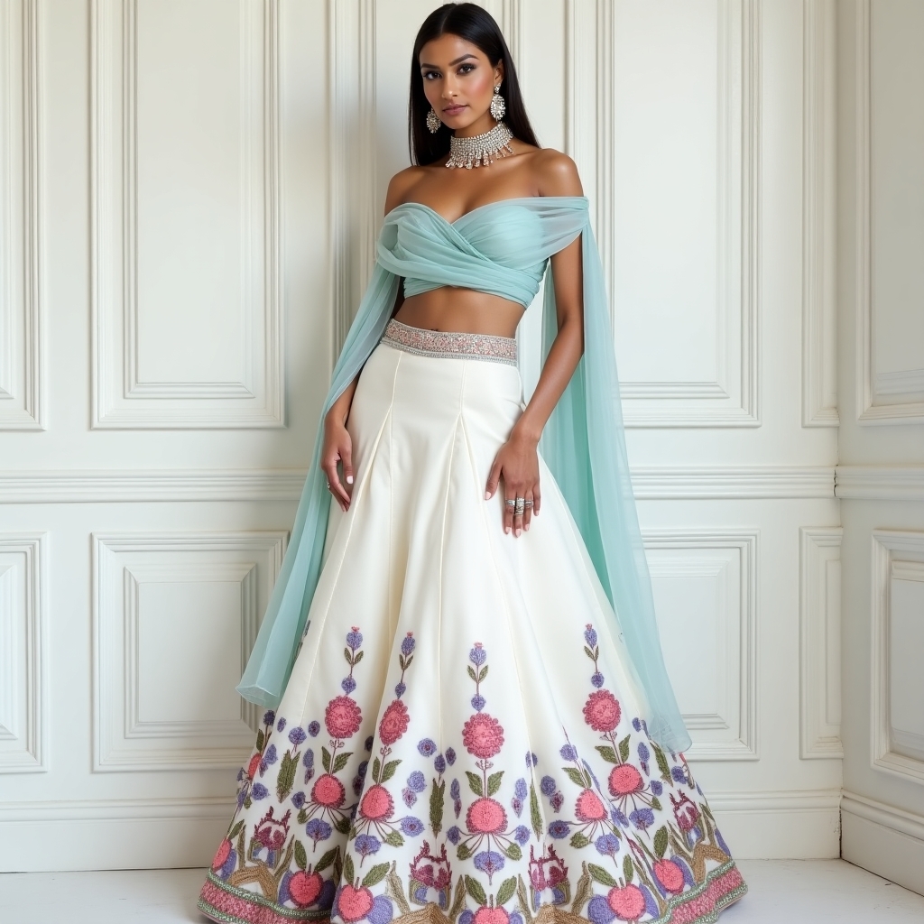 Mint Green Off-Shoulder Blouse with Ivory Floral Embroidered Lehenga