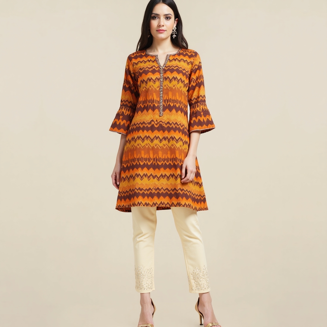 Zigzag Printed Mustard and Rust Straight Kurti with Bell Sleeves