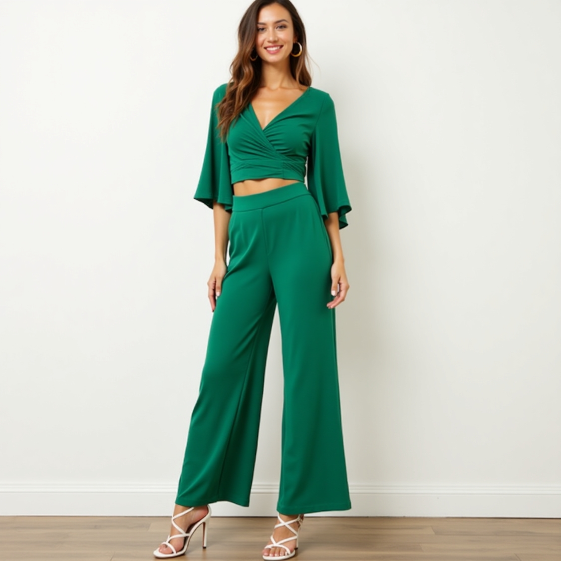 Emerald Green Twist Front Crop Top & Wide-Leg Pants Co-Ord Set