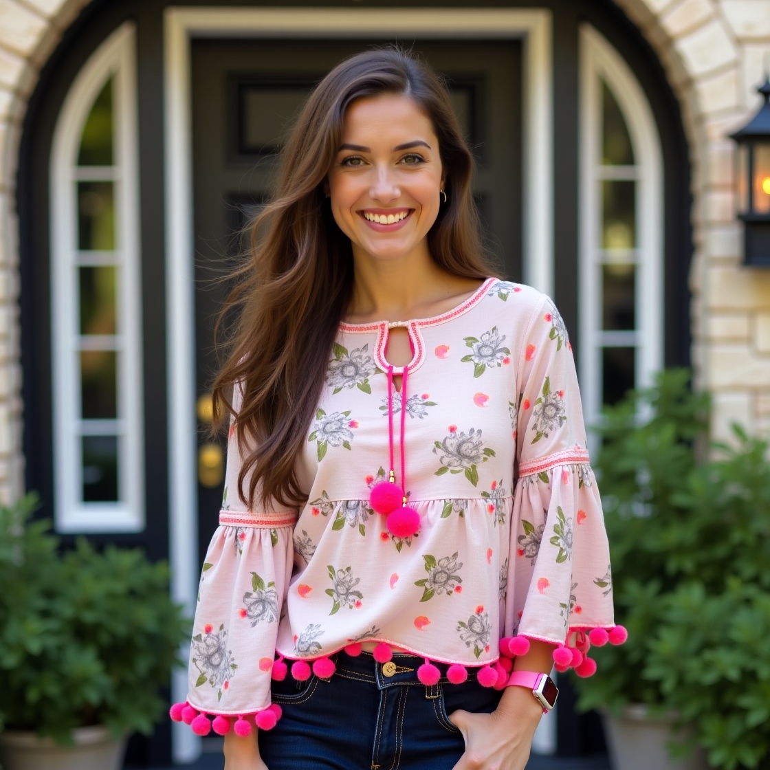 Floral Printed Baby Pink Top with Bell Sleeves and Pom-Pom Detailing