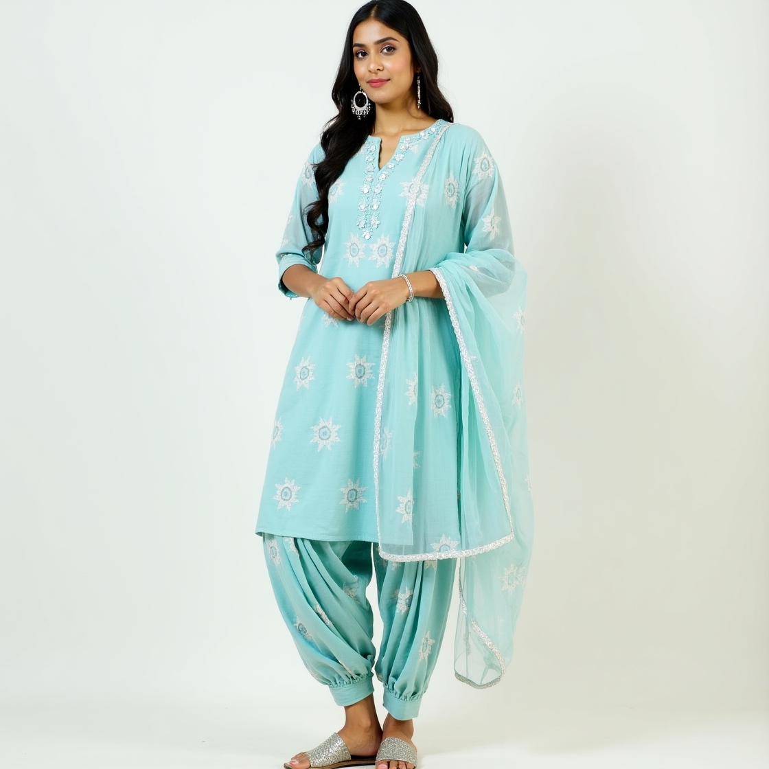 Pastel Blue Embroidered Cotton Salwar Kameez Set in Soft Sky Blue Shade.