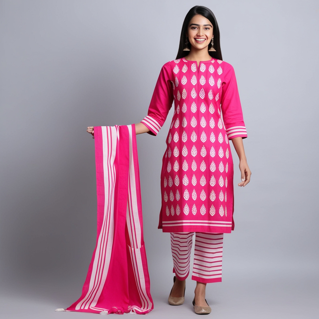 Pink Printed Cotton Kurta Set
