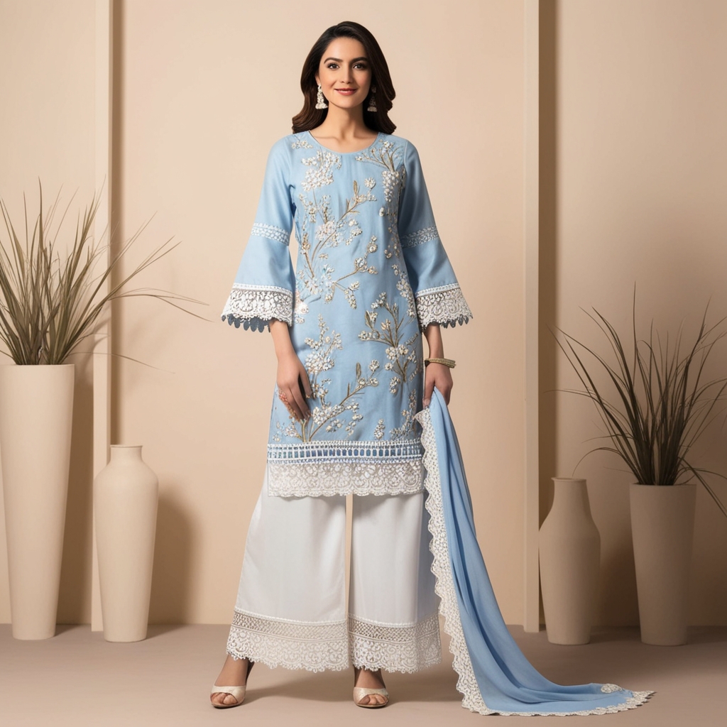Sky blue embroidered kurti with white palazzo pants and matching dupatta.