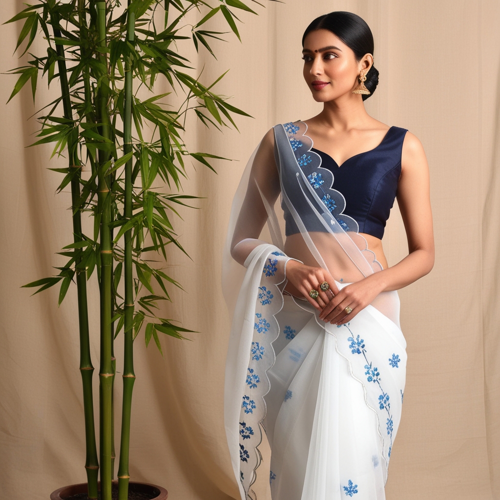 White Organza Saree with Blue Floral Embroidery Paired with a Navy Blue Blouse