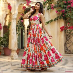 Floral Printed Lehenga Choli Set in Ivory with Pink & Orange Blooms
