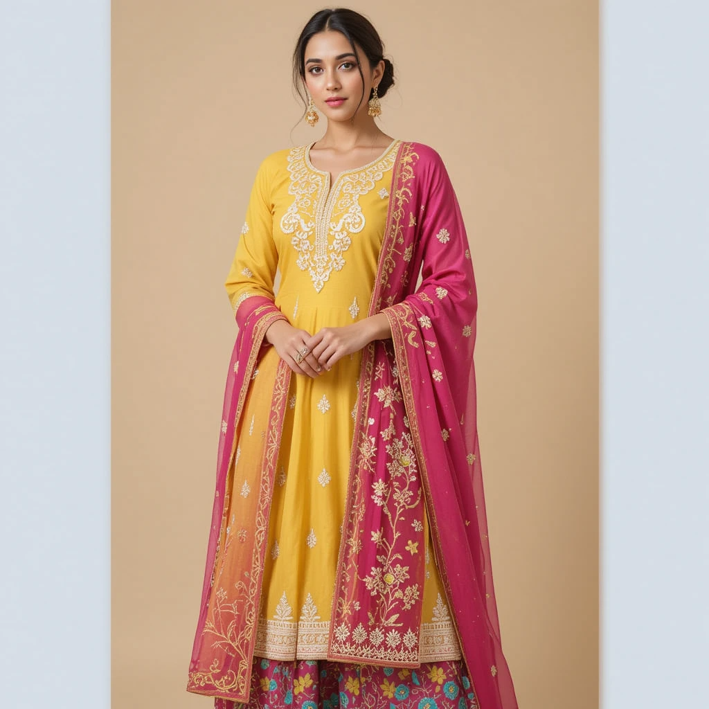 Yellow Anarkali suit with pink and gold embroidered dupatta.