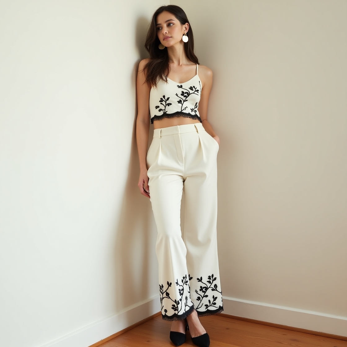 Ivory Embroidered Co-ord Set with Black Floral Detailing