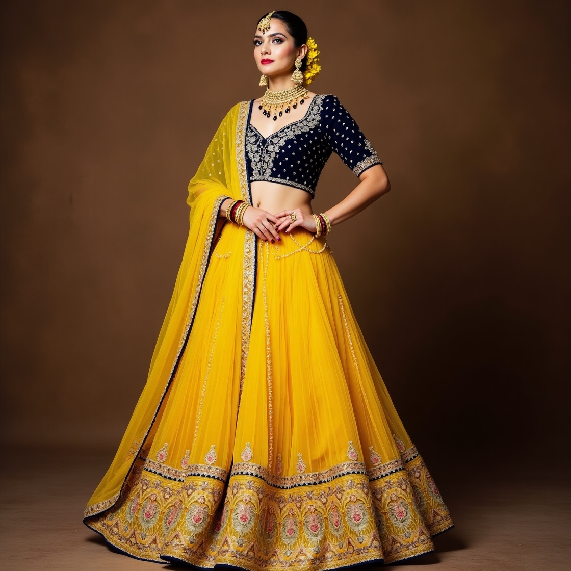 Yellow and Navy Blue Embroidered Lehenga Set