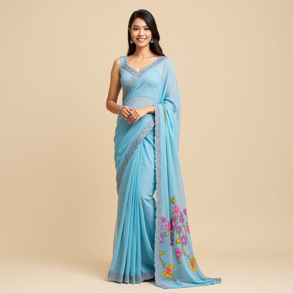 Sky Blue Floral Georgette Saree with Lace Border