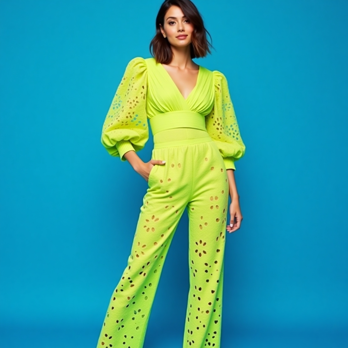 Vibrant Lime Green Eyelet Puff-Sleeve Co-ord Set