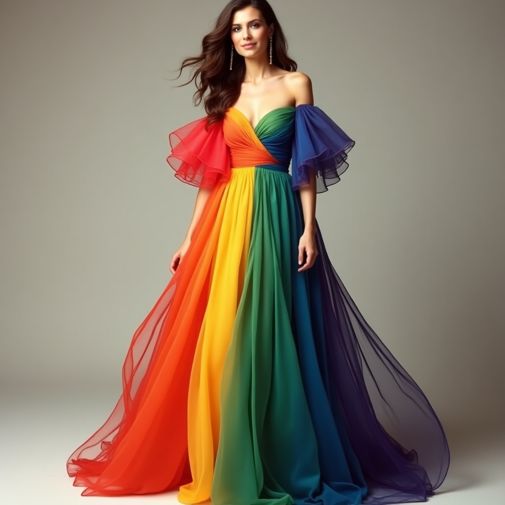 Radiant Rainbow Off-Shoulder Gown in Multicolour Spectrum