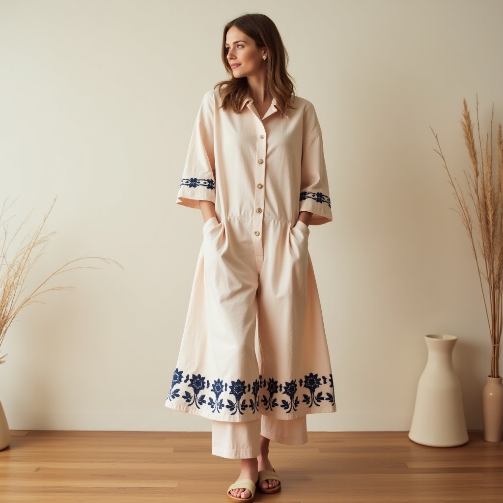 Blush Pink Cotton Co-ord Set with Navy Blue Embroidery