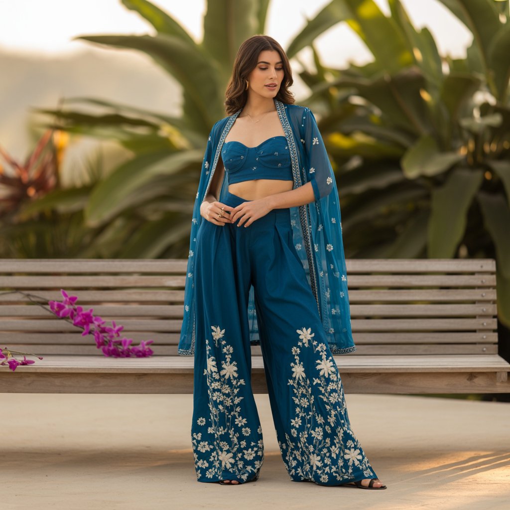 Teal Blue Floral Embroidered Co-ord Set