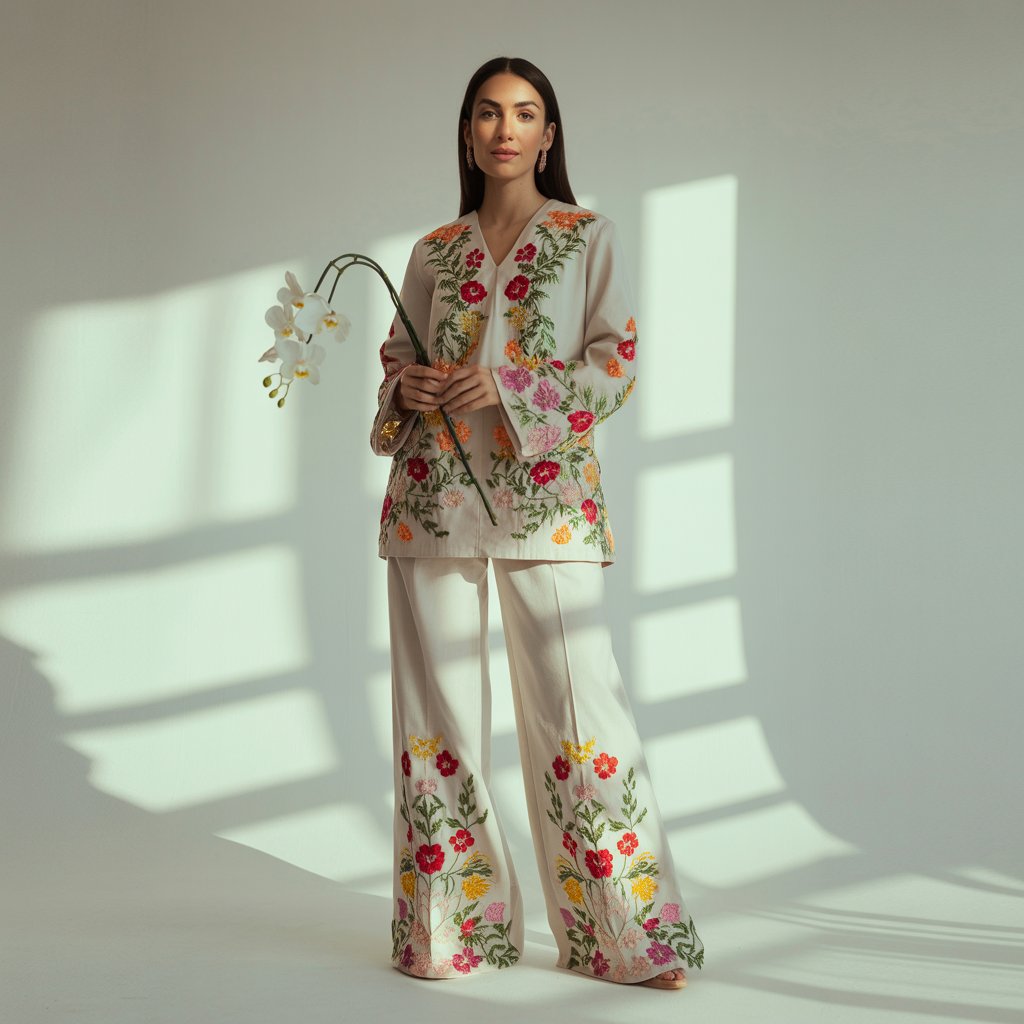 Cream Floral Embroidered Co-ord Set with Multicolour Detailing