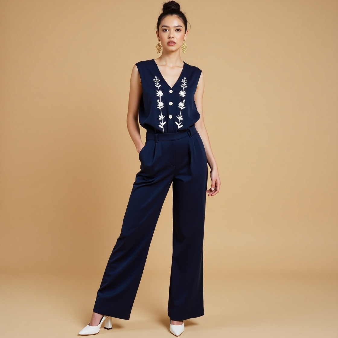 Navy Blue Embroidered Sleeveless Co-ord Set