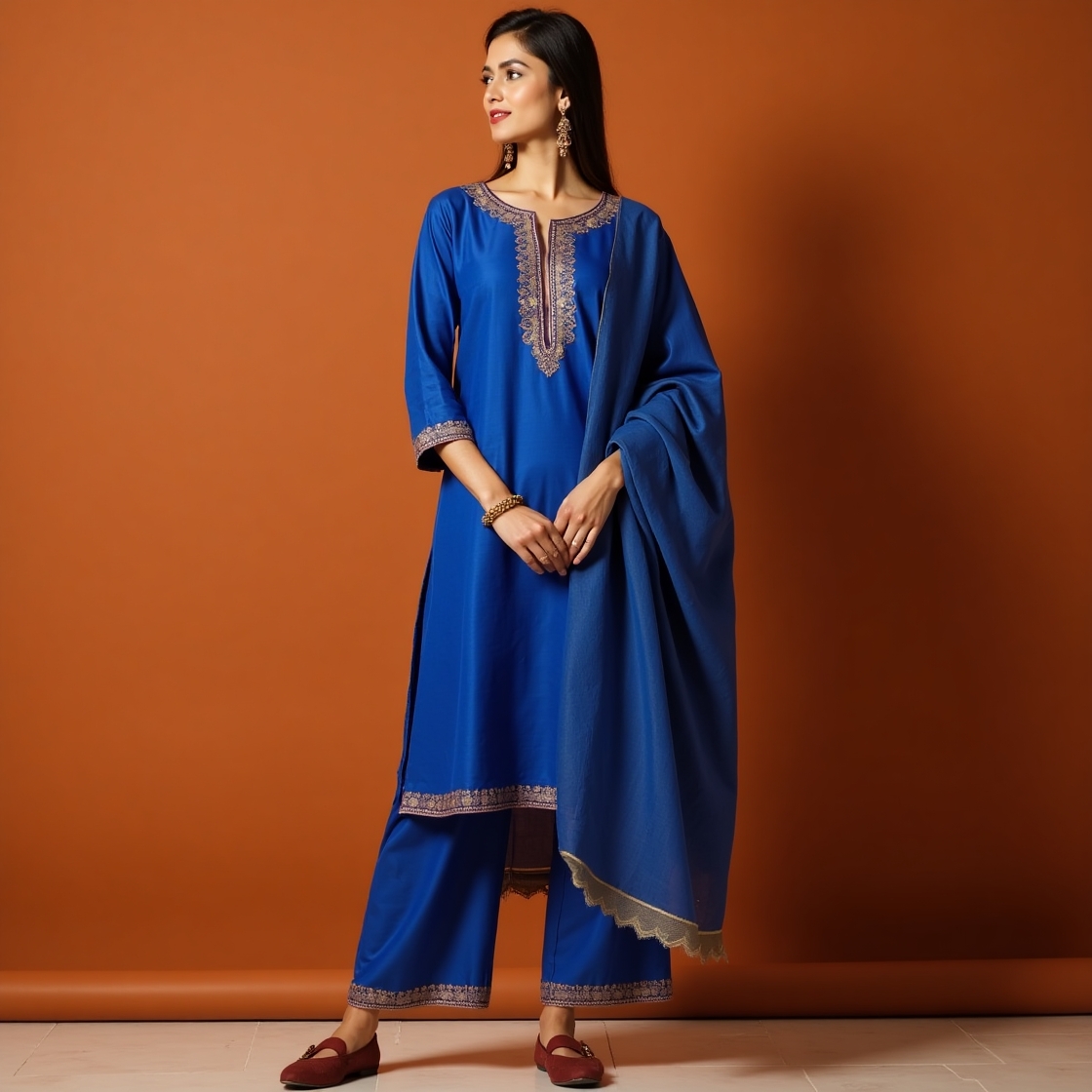 A graceful woman in a royal blue embroidered kurta set with matching dupatta poses against a warm terracotta background.