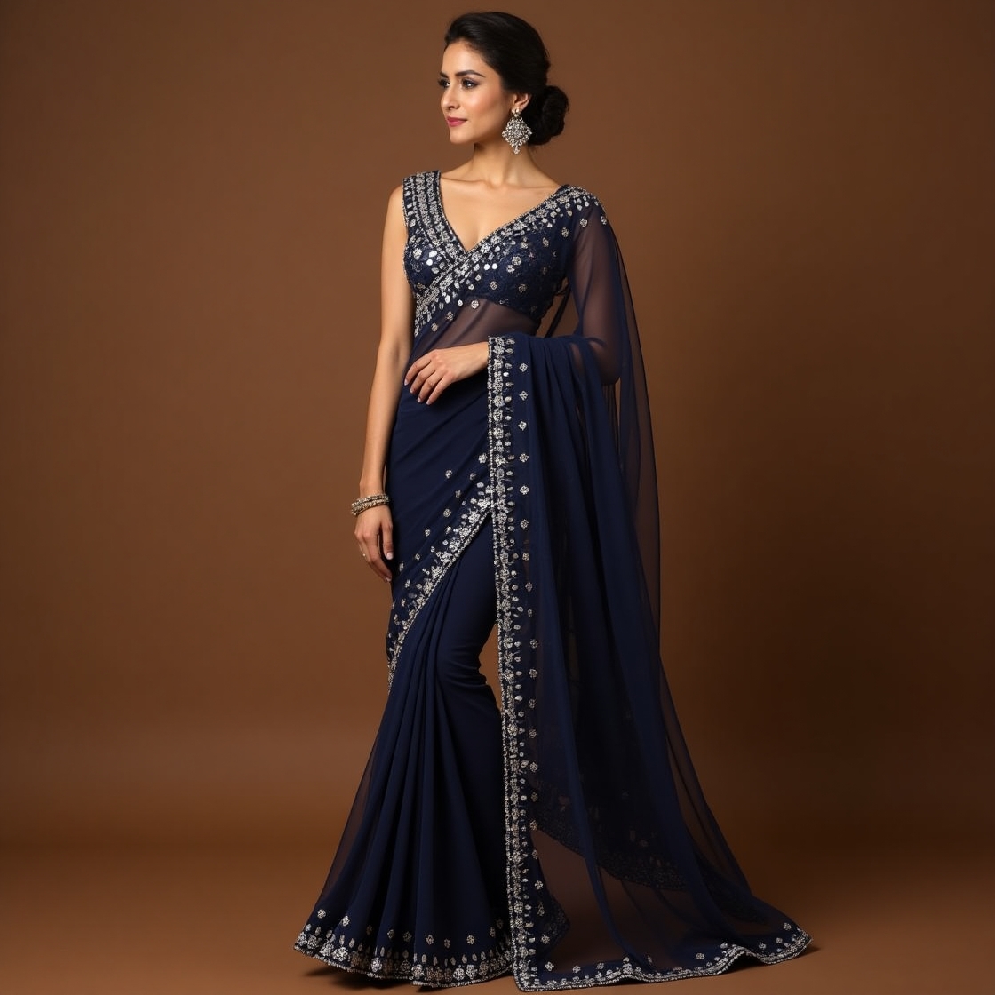 Navy Blue Embellished Net Saree