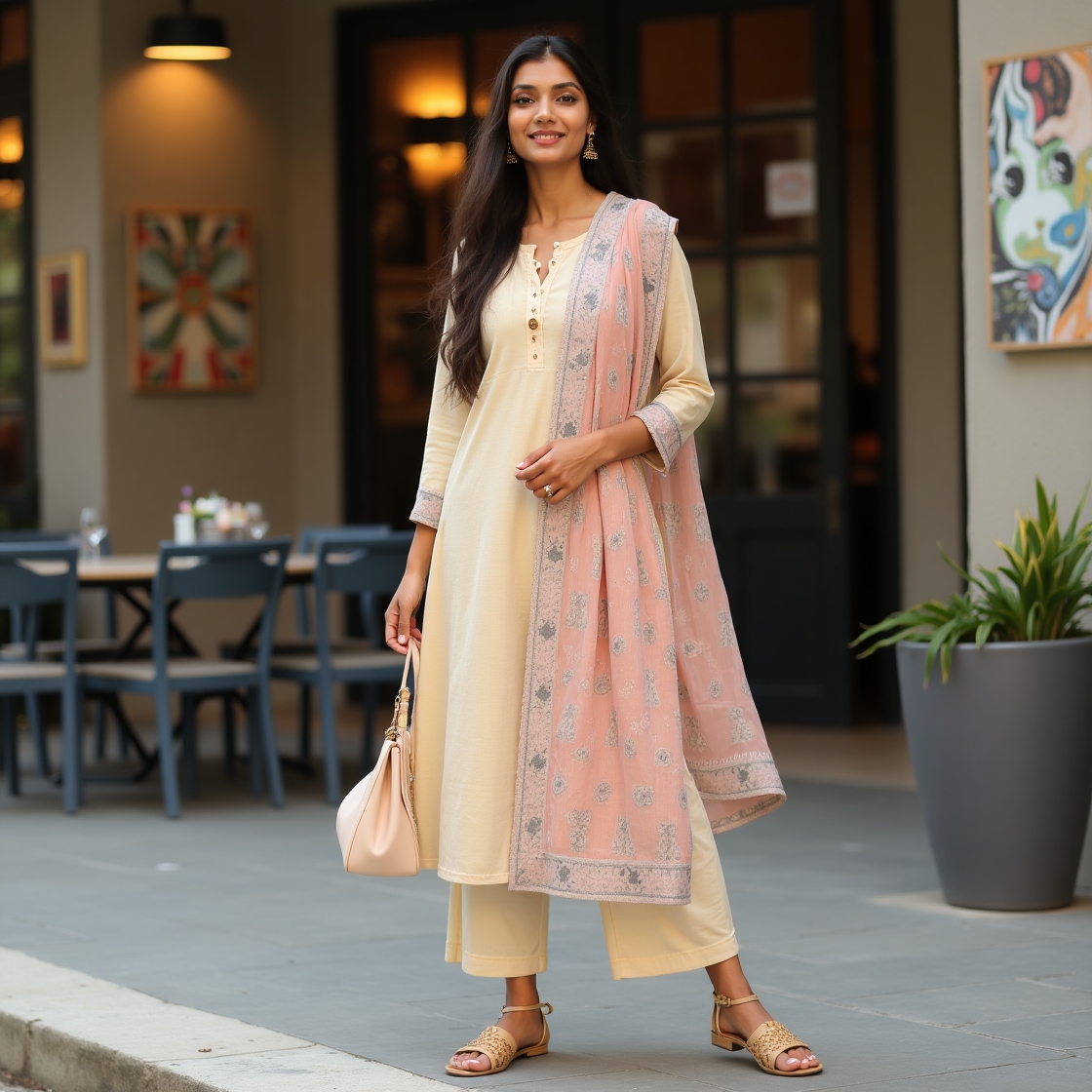 Pastel yellow kurta set with pink embroidered dupatta