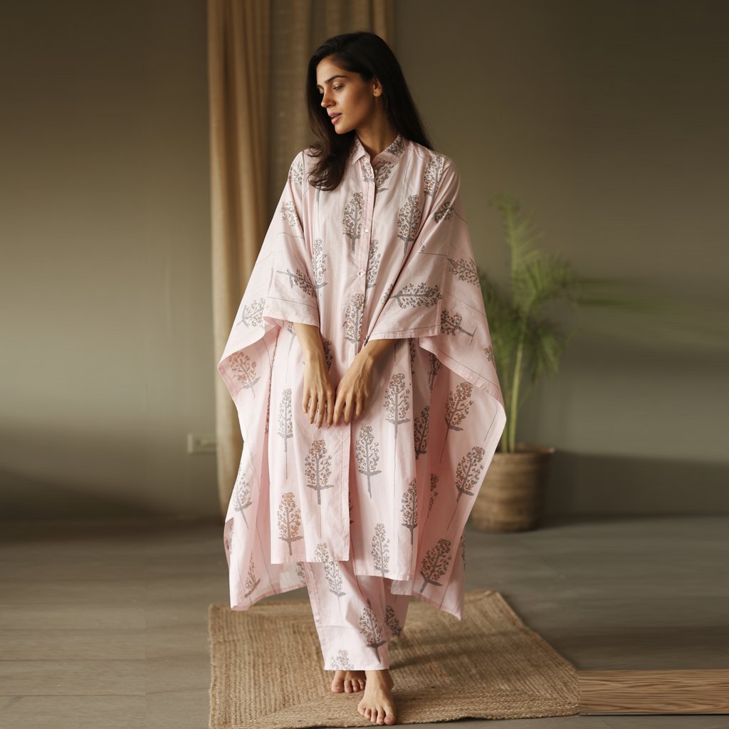 Baby Pink Cotton Block Printed Kaftan Kurta Set