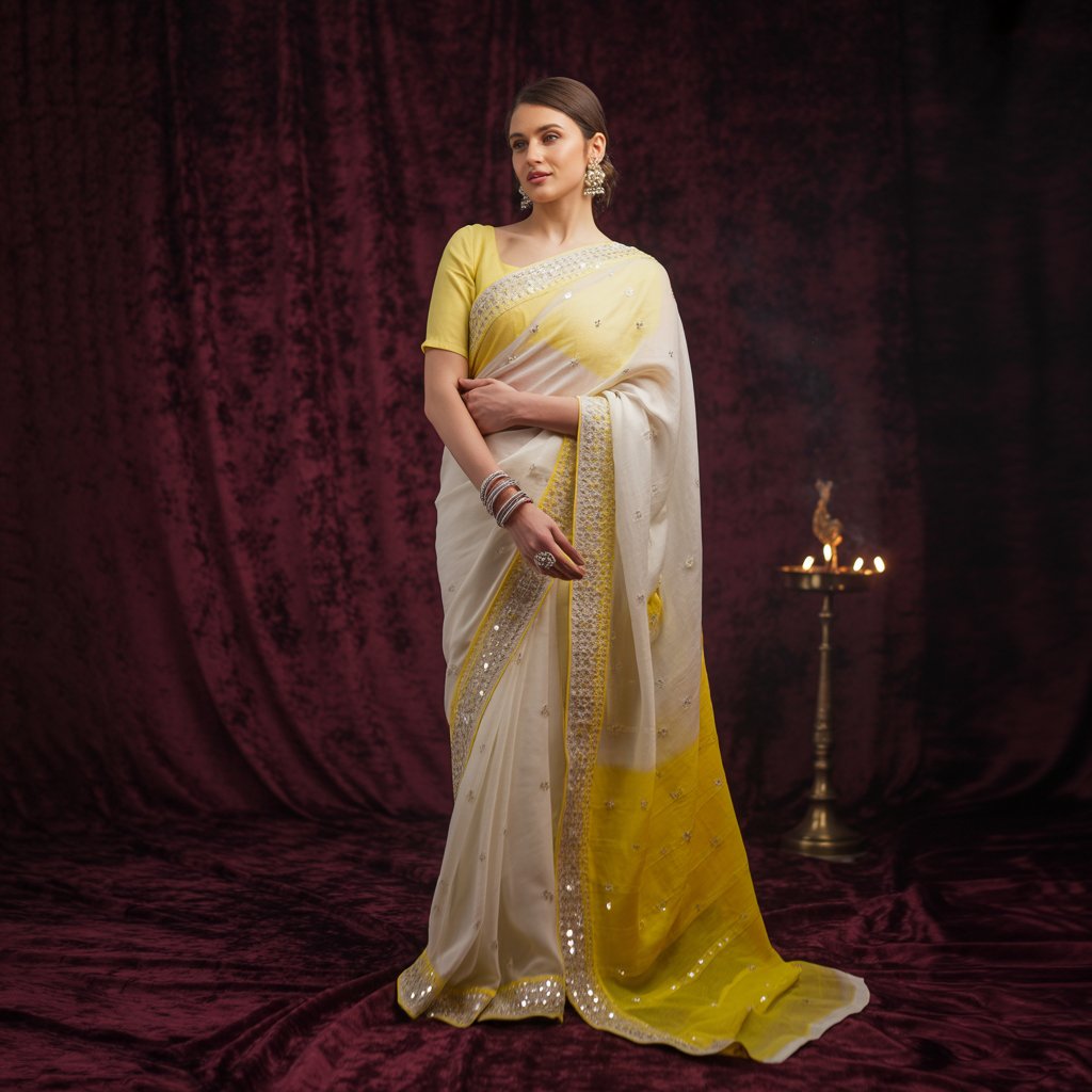Off-White and Yellow Ombre Saree with Mirror Work Detailing