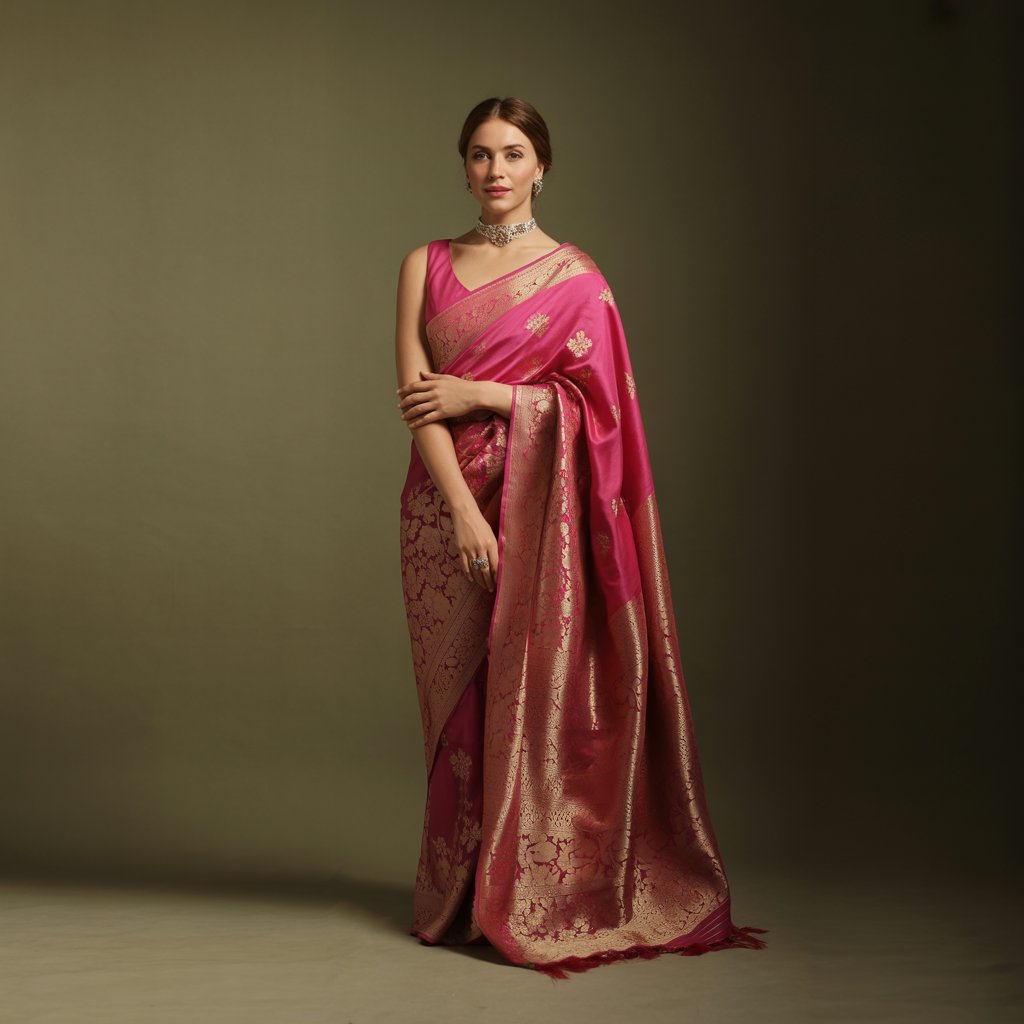 Rani Pink Banarasi Silk Saree with Golden Zari Work