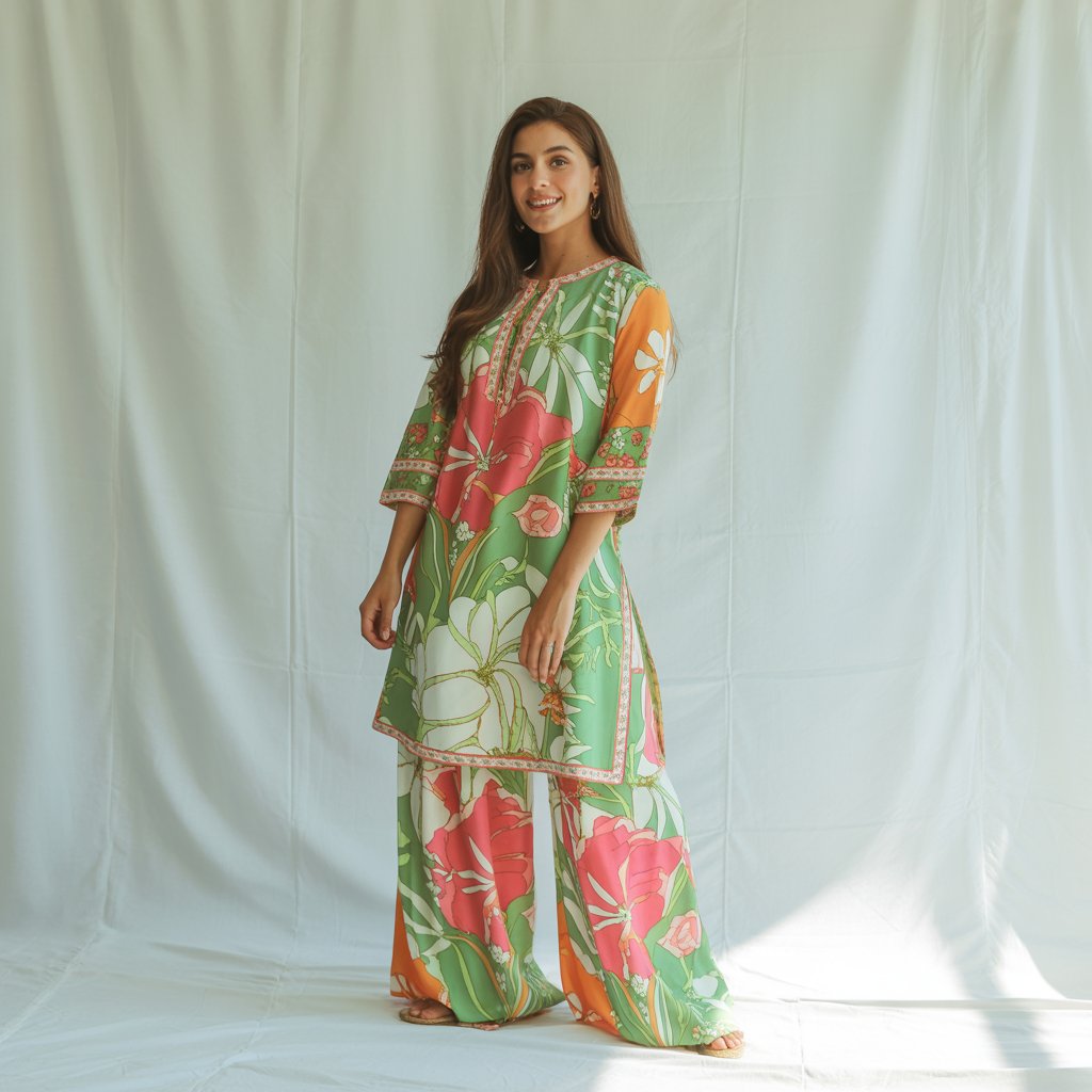 Floral Printed Kurta Set in Green, Orange, and Pink